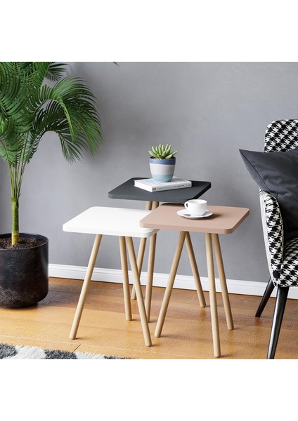 Üçlü Zigon Sehpa Ahşap Ayaklı Kare Pastel Tasarım (Cappuccino,gri,beyaz)