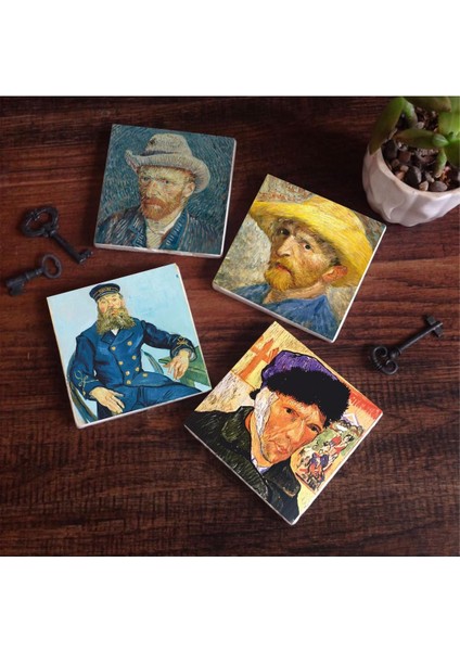 Van Gogh Otoportre Taş Altlığı Seti - 4 Parça - Dekoratif, Mutfak Aksesuarı, 10X10 Cm, Kaydırmaz Tabanlı, Şık ve Dayanıklı SC325