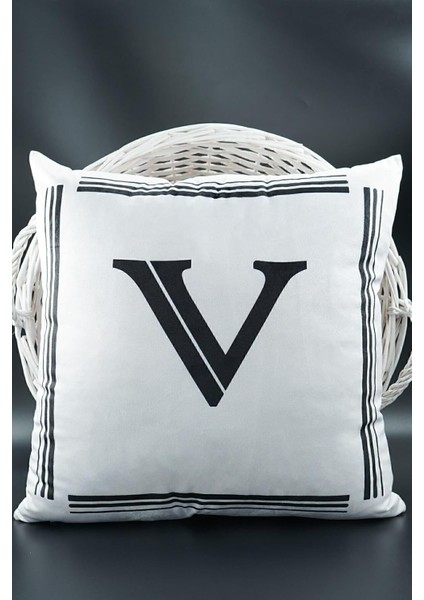 Harfli Kırlent Kılıfı Kadife 43X43 cm Çift Taraflı V Harfi Kedi Desenli Evlilik Teklifi Doğum Günü