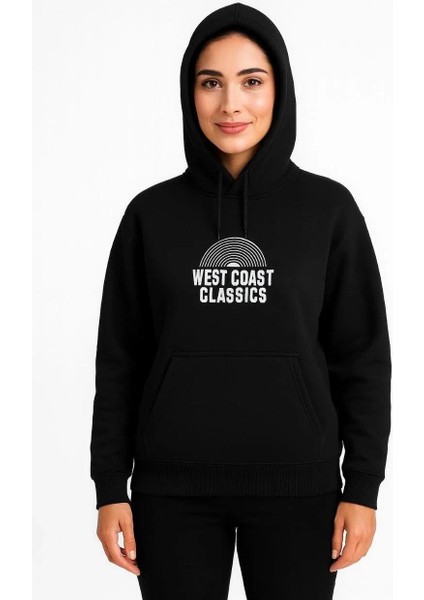 Kadın Kapşonlu Sweatshirt – Oversize Üç Iplik Şardonlu Hoodie, “west Coast Classics” Ön & Arka Baskılı, Kanguru Cepli Kışlık Günlük Stil - Siyah
