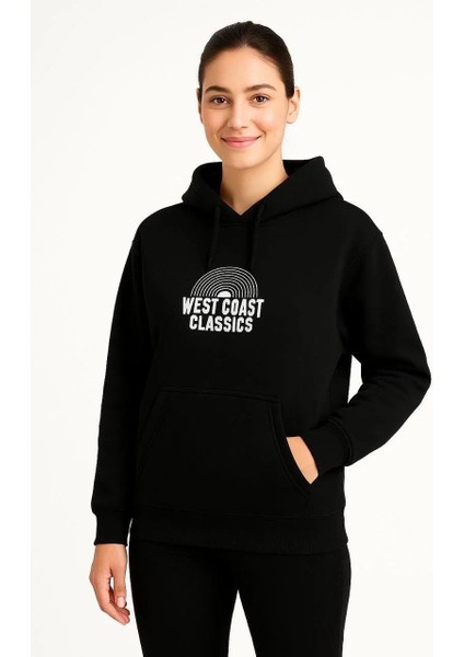 Kadın Kapşonlu Sweatshirt – Oversize Üç Iplik Şardonlu Hoodie, “west Coast Classics” Ön & Arka Baskılı, Kanguru Cepli Kışlık Günlük Stil - Siyah fiyatları