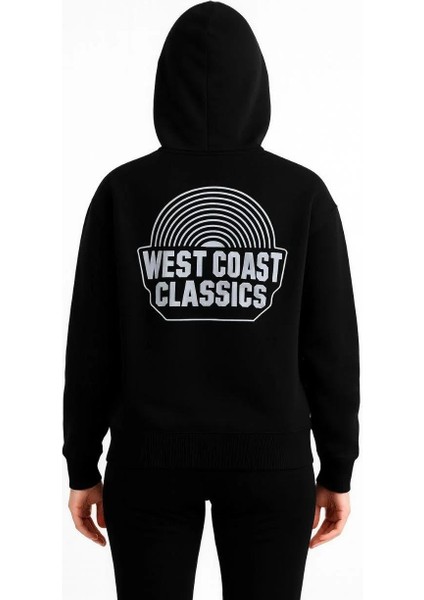 Kadın Kapşonlu Sweatshirt – Oversize Üç Iplik Şardonlu Hoodie, “west Coast Classics” Ön & Arka Baskılı, Kanguru Cepli Kışlık Günlük Stil - Siyah fırsatları