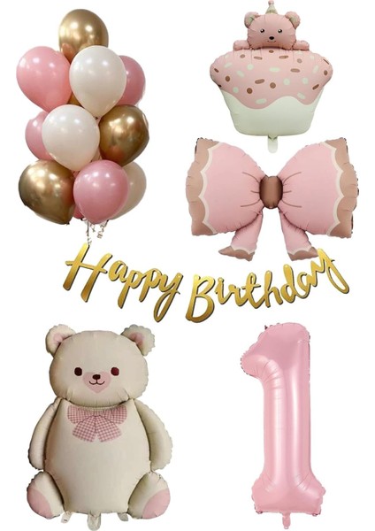 Yaş Retro Ayıcık Temalı Kız Bebek Konsept Doğum Günü Seti