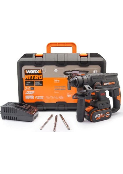 WX381 20VOLT 4.0AH. 2j Li-Ion Tek Akülü Şarjlı Profesyonel Sds- Pnömatik Kırıcı/delici + 3 Parça Delme Ucu