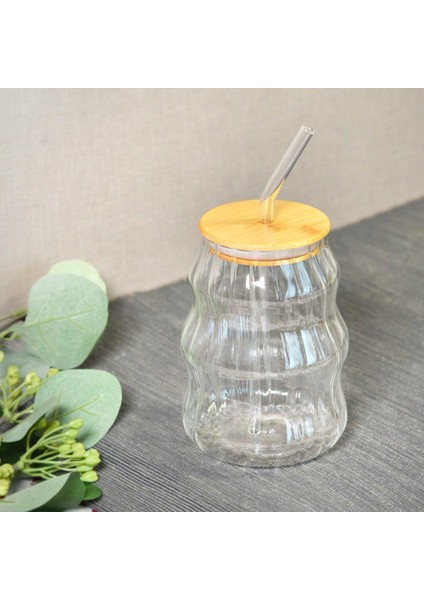 Bambu Kapaklı Pipetli Çizgili Bardak - Açık Kahverengi / Şeffaf - 450 ml fiyatları