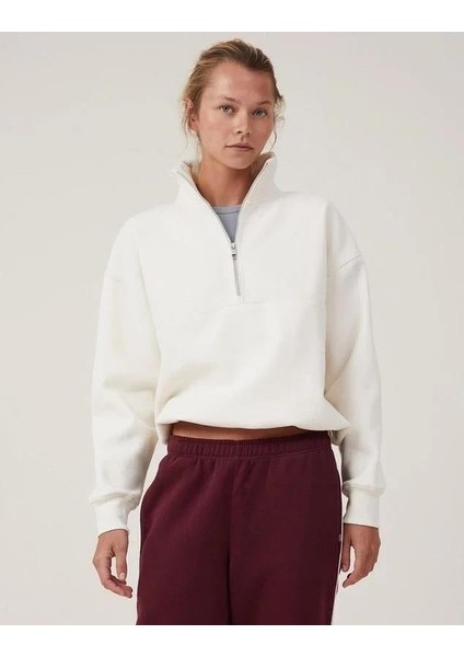 Oversize Yarım Farmuarlı Yakalı Basic Sweatshirt - Beyaz