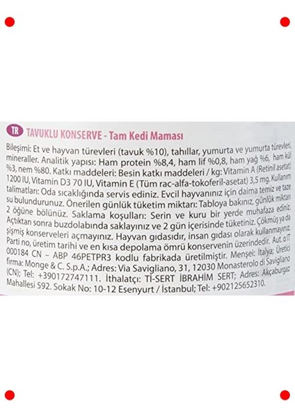Tavuklu Yetişkin Kedi Konservesi (24X415GR) fırsatları