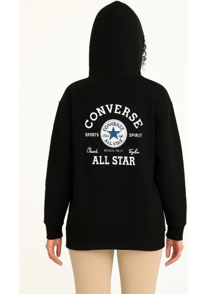 Kadın Kapşonlu Sweatshirt – Üç Iplik Şardonlu Kumaş, Oversize Fit, Ön & Arka Baskılı, Kanguru Cepli, Kışlık Rahat Hoodie- Siyah modelleri