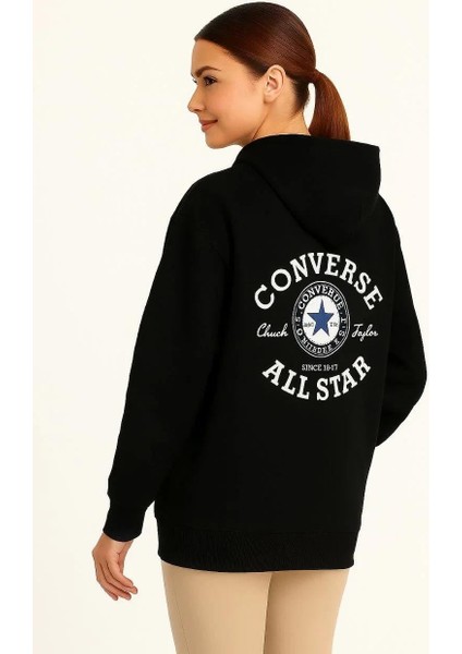 Kadın Kapşonlu Sweatshirt – Üç Iplik Şardonlu Kumaş, Oversize Fit, Ön & Arka Baskılı, Kanguru Cepli, Kışlık Rahat Hoodie- Siyah indirimleri