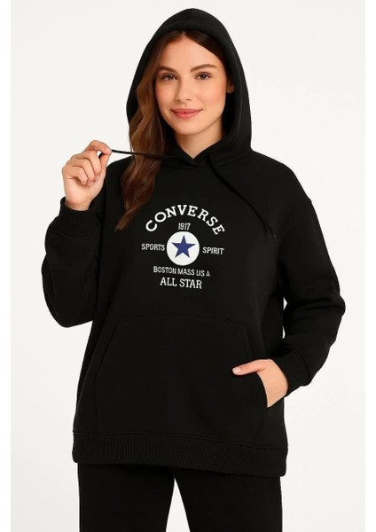 Kadın Kapşonlu Sweatshirt – Üç Iplik Şardonlu Kumaş, Oversize Fit, Ön & Arka Baskılı, Kanguru Cepli, Kışlık Rahat Hoodie- Siyah