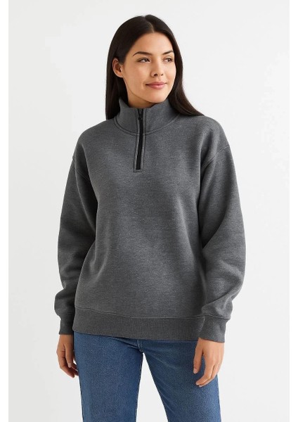 Kadın Üç Iplik Dık Yaka Yarım Fermuarlı Sweatshirt - Antrasit modelleri