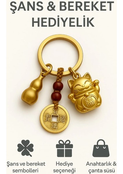Şans & Bereket Anahtarlığı | Altın Renk Feng Shui Para Sembollü Kedi Anahtarlık
