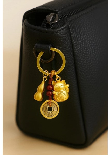 Şans & Bereket Anahtarlığı | Altın Renk Feng Shui Para Sembollü Kedi Anahtarlık modelleri