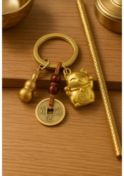 Şans & Bereket Anahtarlığı | Altın Renk Feng Shui Para Sembollü Kedi Anahtarlık fırsatları