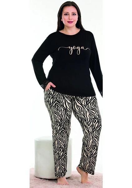 Lady Büyük Beden Renkli Desenli Uzun Kollu Pijama Takımı