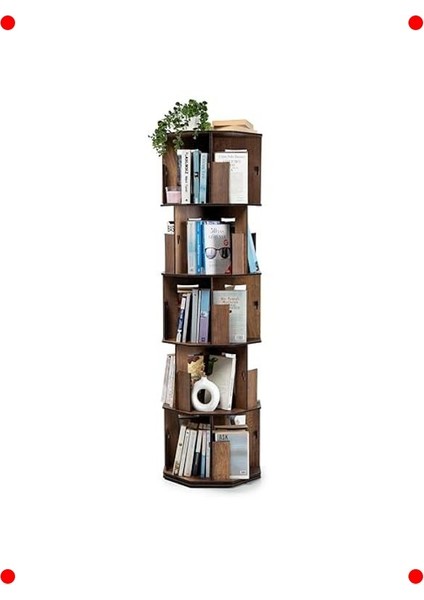 360° Döner Ahşap Kitaplık - Ceviz, 5 Raflı