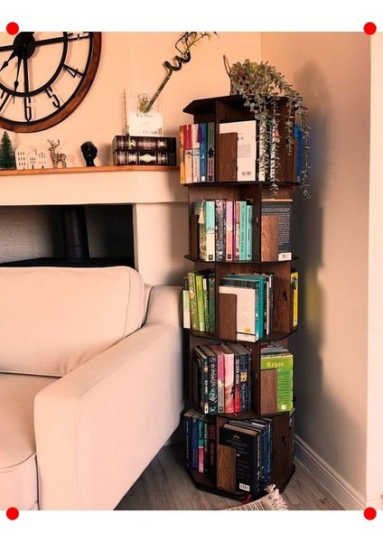 360° Döner Ahşap Kitaplık - Ceviz, 5 Raflı fiyatları