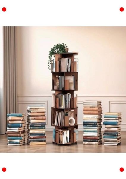 360° Döner Ahşap Kitaplık - Ceviz, 5 Raflı indirimleri