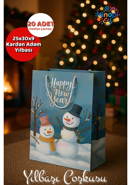 ( 20 Adet ) Kardan Adam Desenli Hediye Çantası Mavi Yılbaşı Hediye Poşeti 25X30X9 Christmas