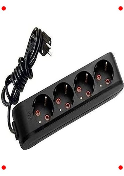 Dörtlü Kablolu Priz - Siyah, Çocuk Korumalı, 2 Metre