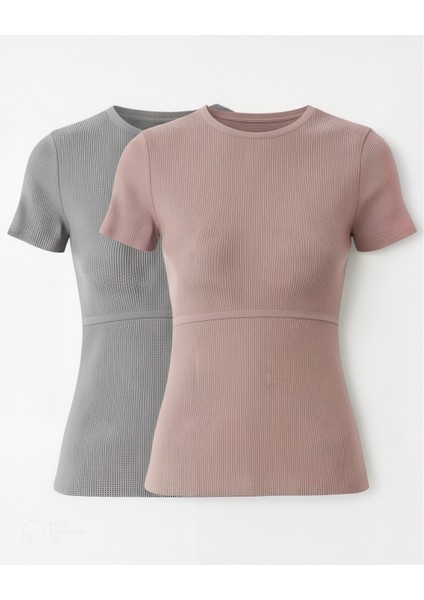2'li Triko Emzirme Özellikli T-Shirt - Pembe & Gri
