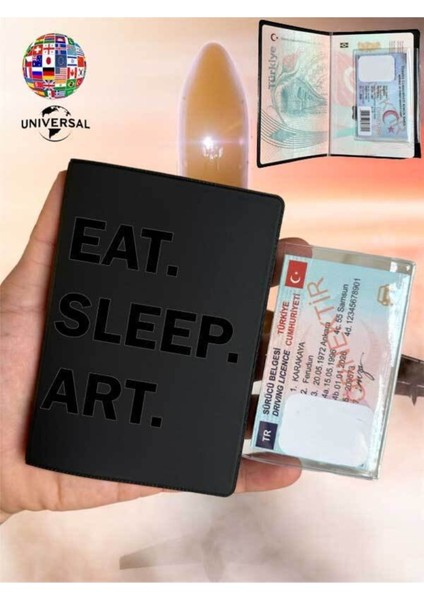Eat Sleep Art Desenli Pürüzsüz Yüzey Deri Pasaport Kılıfı Kabı Tüm Ülke Pasaportlarına Uygun