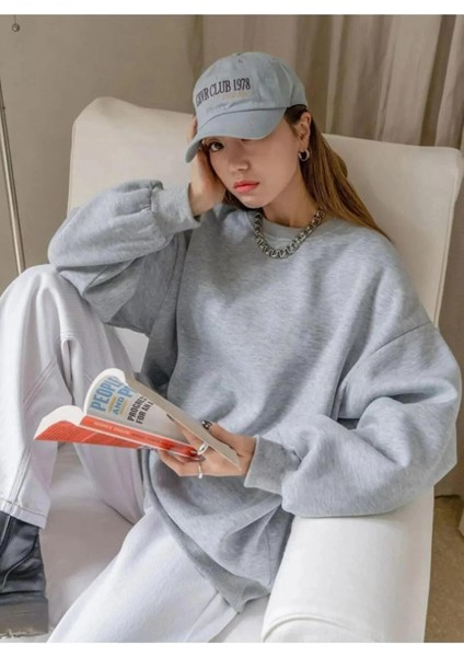 Kadın Düz Bisiklet Yaka Sweat - Gri