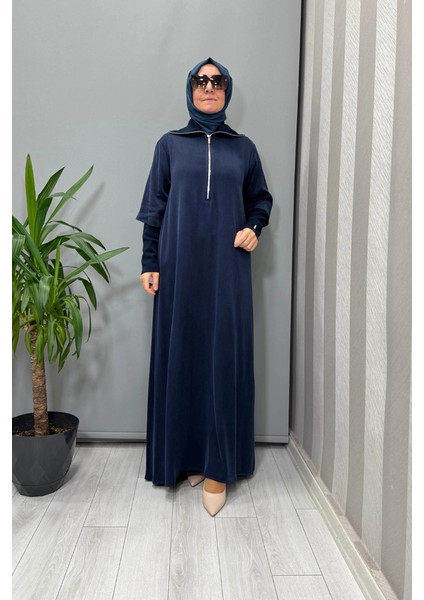 Fermuar ve Triko Detaylı Cupro Elbise Lacivert T26K-4006
