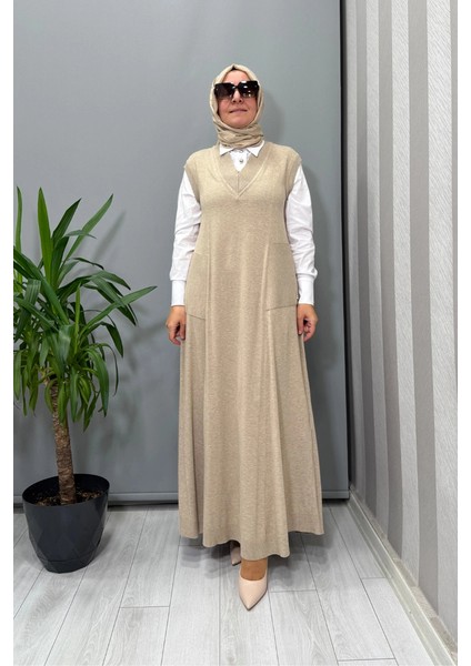 V Yaka Triko Kolsuz Elbise Vizon T25PF-4012