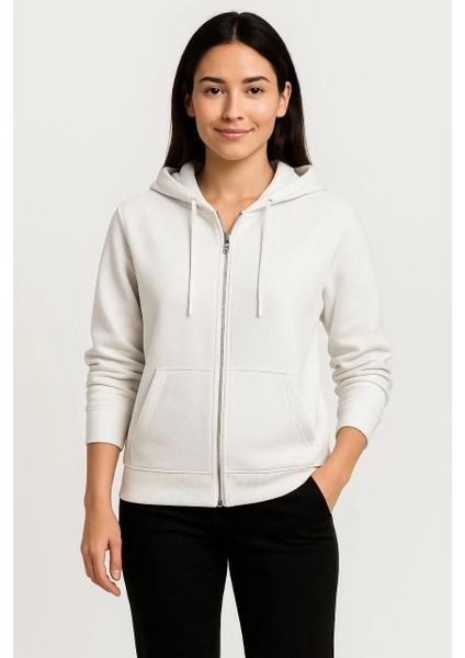 Kadın Üç Iplik Kapüşonlu Tam Fermuarlı Kanguru Çepli Sweatshirt Hoodie - Beyaz