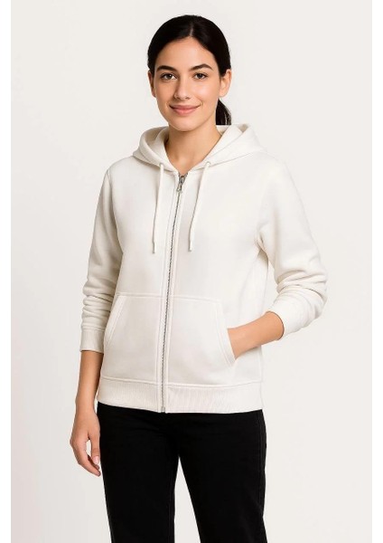 Kadın Üç Iplik Kapüşonlu Tam Fermuarlı Kanguru Çepli Sweatshirt Hoodie - Beyaz fiyatları