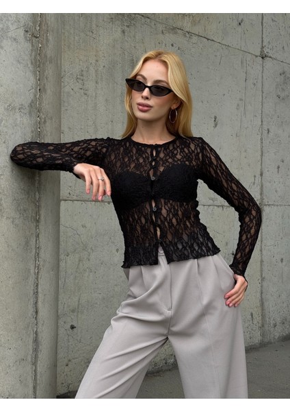 Kadın Bisiklet Yaka Önden Düğmeli Full Esnek Dantel Bürümcük Spor Şık Tasarım Gece Bluzu fırsatları