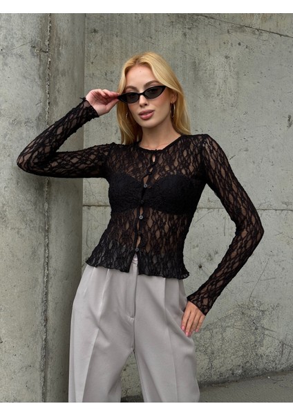 Kadın Bisiklet Yaka Önden Düğmeli Full Esnek Dantel Bürümcük Spor Şık Tasarım Gece Bluzu indirimleri