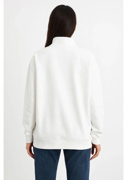 Kadın Üç Iplik Dık Yaka Yarım Fermuarlı Sweatshirt - Beyaz fiyatları