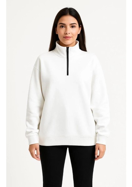 Kadın Üç Iplik Dık Yaka Yarım Fermuarlı Sweatshirt - Beyaz fırsatları