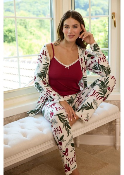 Kadın Askılı Üçlü Pijama Takımı Sabahlıklı Dantel Detaylı Rahat Yumuşak Dokulu Ev Giyim