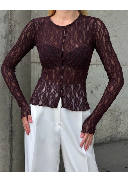 Kadın Bisiklet Yaka Önden Düğmeli Full Esnek Dantel Bürümcük Spor Şık Tasarım Gece Bluzu modelleri