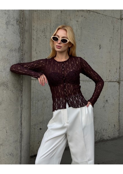 Kadın Bisiklet Yaka Önden Düğmeli Full Esnek Dantel Bürümcük Spor Şık Tasarım Gece Bluzu fırsatları