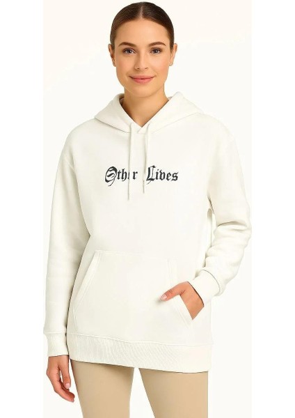 Kadın Kapşonlu Sweatshirt – Oversize Üç Iplik Şardonlu Hoodie, “other Lives” Ön & Arka Baskılı, Kanguru Cepli, Kışlık Rahat Günlük Stil - Beyaz fırsatları