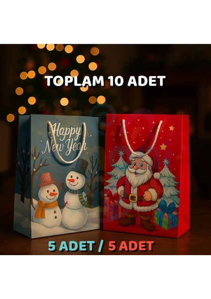 Noel Baba ve Kardan Adam Desenli Hediye Çantası Seti – 10'lu Kırmızı & Mavi Yılbaşı Hediye Poşeti