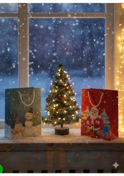 Noel Baba ve Kardan Adam Desenli Hediye Çantası Seti – 10'lu Kırmızı & Mavi Yılbaşı Hediye Poşeti modelleri