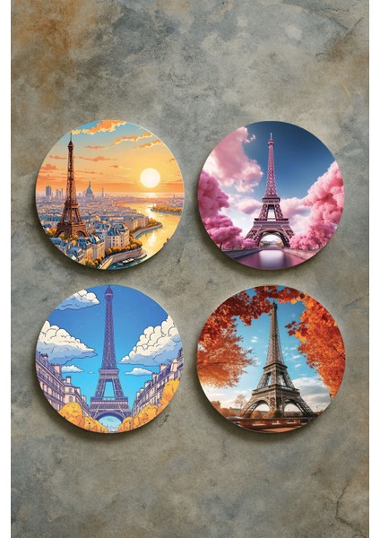 Ev Dekor Oval Pleksi Bardak Altlığı Temalı Desenli 4'lü Set Paris