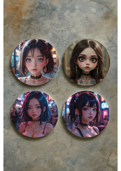 Ev Dekor Oval Pleksi Bardak Altlığı Temalı Desenli 4'lü Set Anime