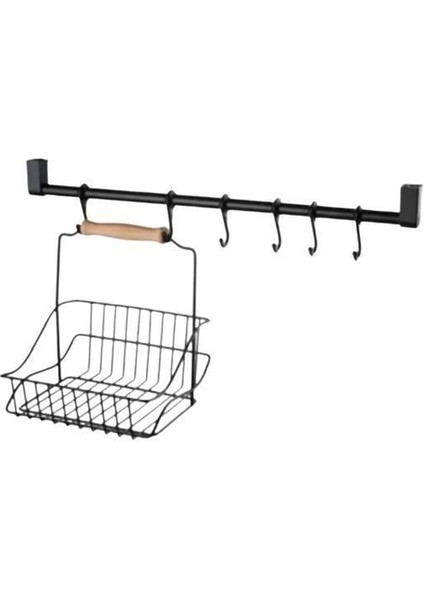 Buffer® Retro Ferforje Askılı Siyah Ahşap Kulplu Düzenleyici Mutfak Sepeti