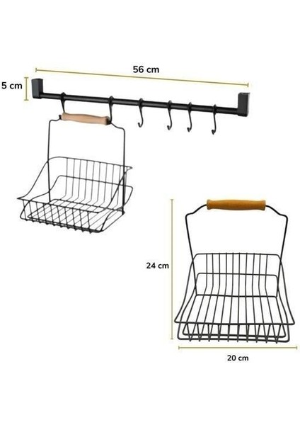 Buffer® Retro Ferforje Askılı Siyah Ahşap Kulplu Düzenleyici Mutfak Sepeti