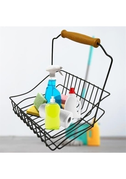 Buffer® Retro Ferforje Askılı Siyah Ahşap Kulplu Düzenleyici Mutfak Sepeti