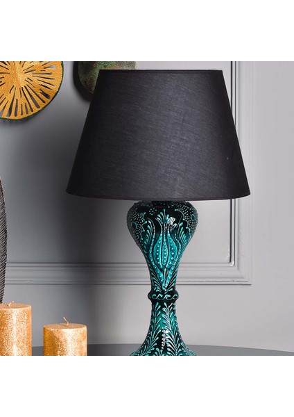 Light Gordion Çini Detaylı Seramik Abajur - Siyah Şapka / Siyah Ayak