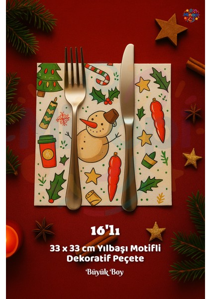 Yılbaşı Peçete Sunumluk I16 Adet Dekoratif Estetik Yılbaşı Parti Konsepti 33X33 cm