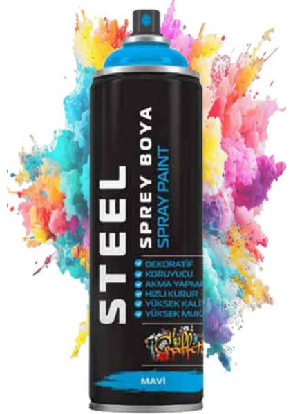 Mavi Sprey Boya 200 ml Hızlı Kuruyan Renkli Profesyonel Ahşap Plastik Demir Metal Cam Porselen