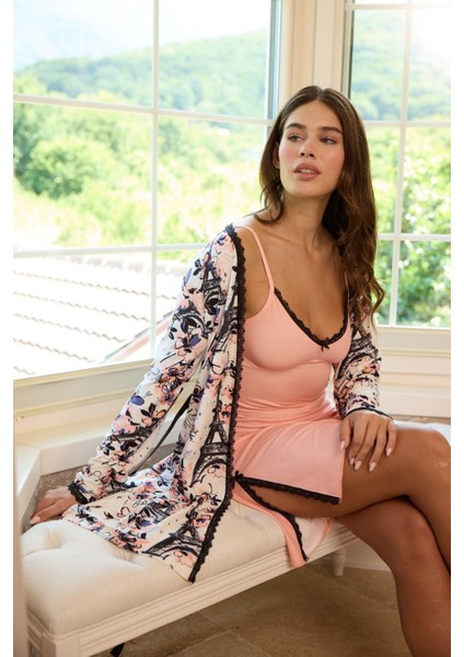 Kadın Dantel Detaylı Askılı Mini Gecelik Sabahlık Takım Yumuşak Dokulu Rahat Ev Giyim fiyatları